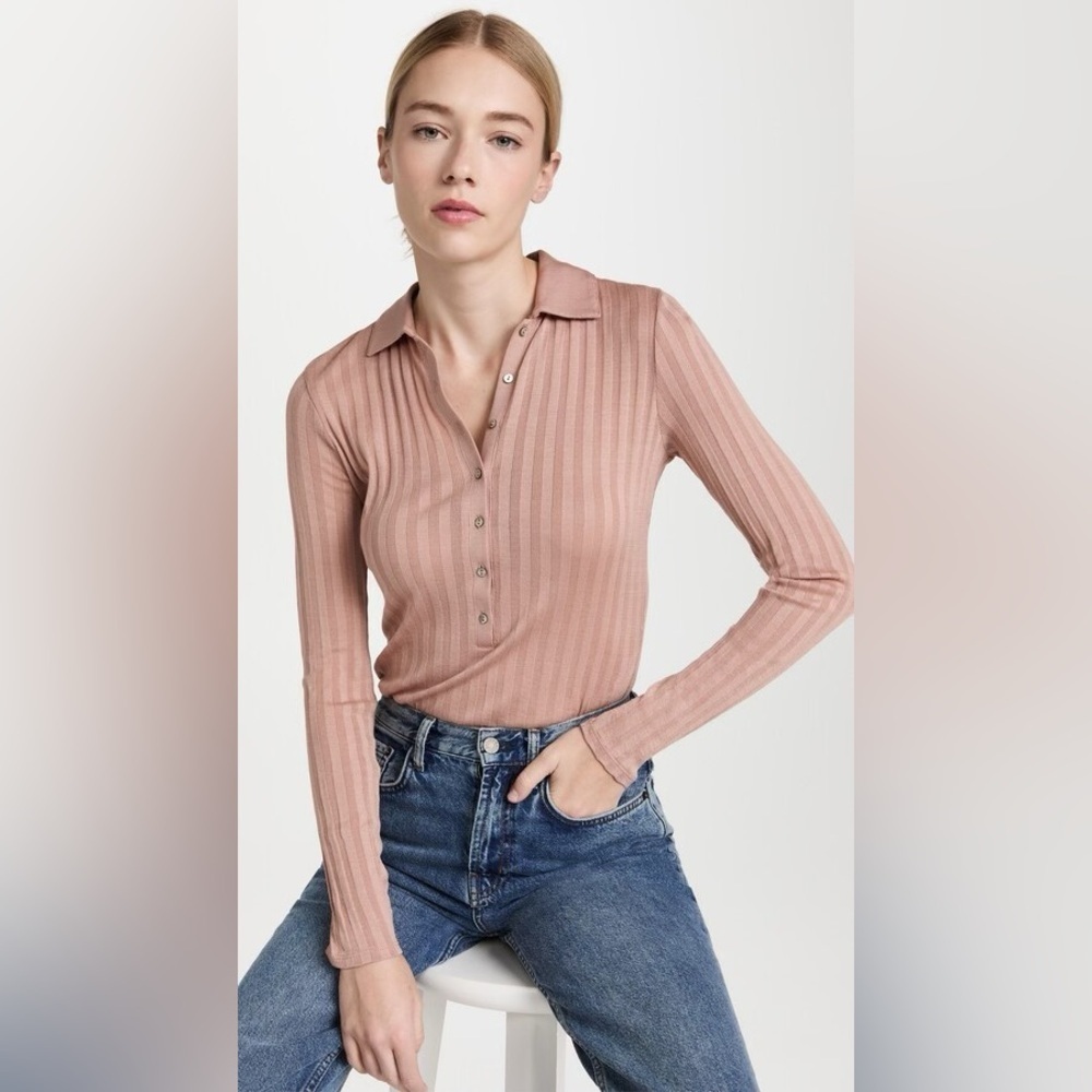 Vince Polo Ribbed Button Up Thong Bodysuit Blush NWT
